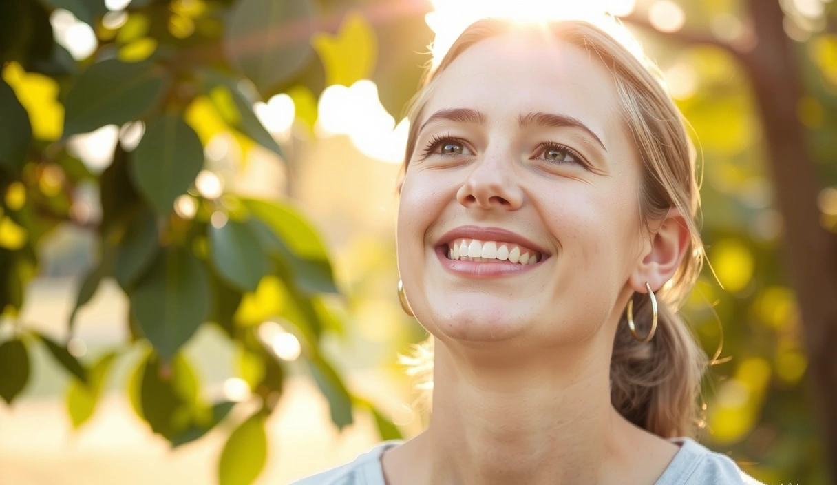 Mujer joven sonriendo al sol, simbolizando la vitamina D y la salud