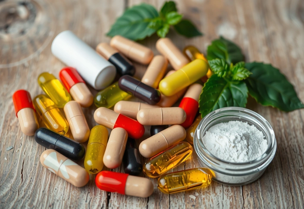 Variedad de cápsulas y polvos nutricionales